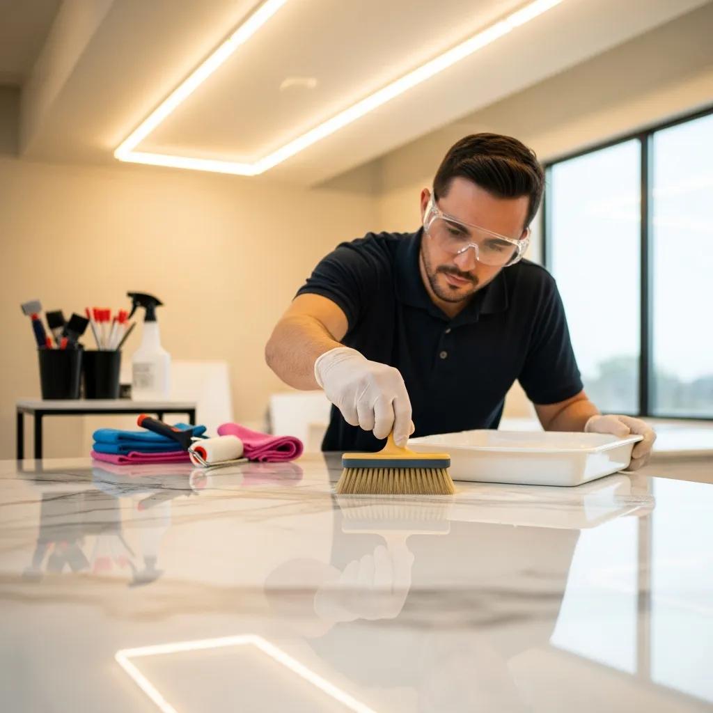 Professional applying anti-etch sealant to marble, showcasing the sealing process