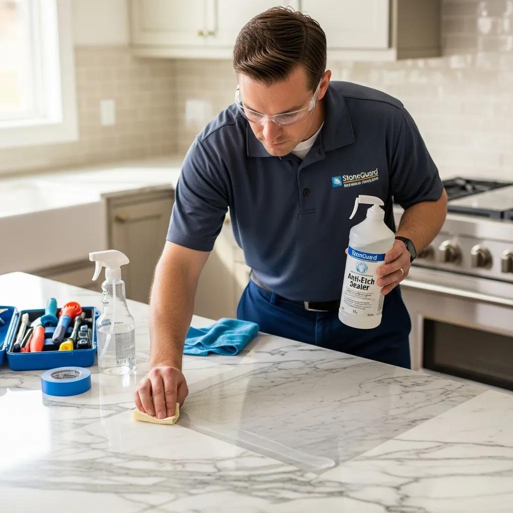 Professional applying anti-etch sealer to a marble countertop, demonstrating effective stone care