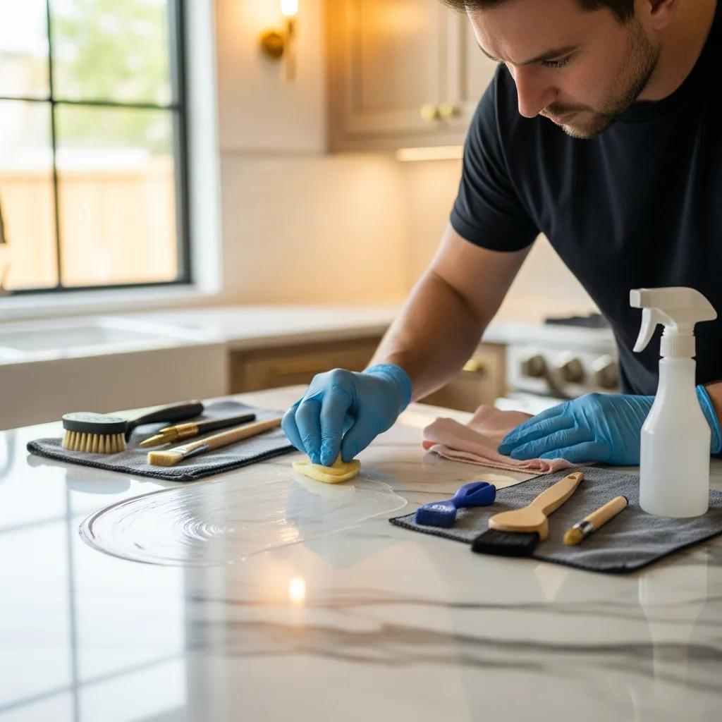 Professional applying anti-etch sealing on a marble countertop, emphasizing stone preservation