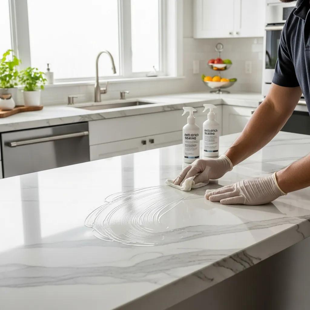 Professional applying anti-etch sealing on a marble countertop in a modern kitchen