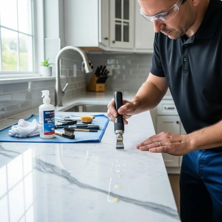 Professional applying anti-etch sealing on a marble countertop in a modern kitchen