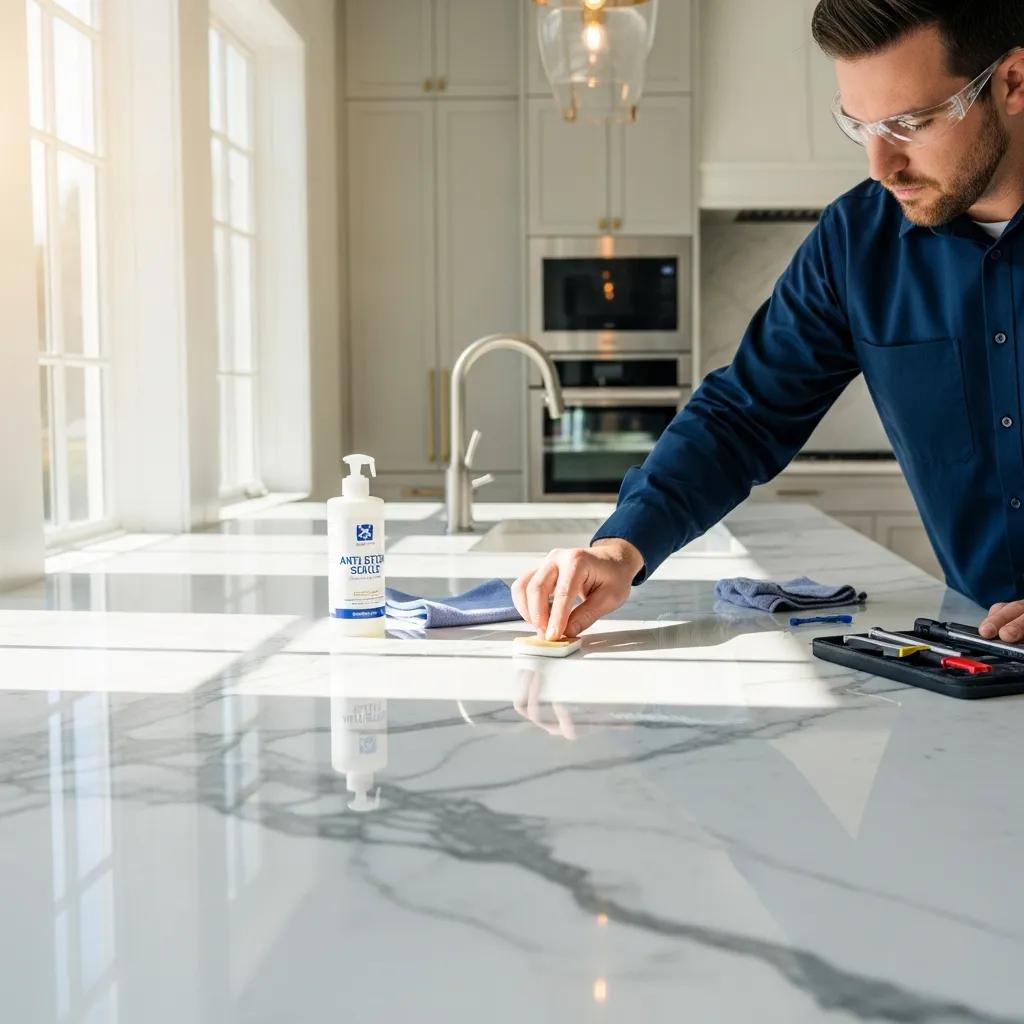 Professional applying anti-etch sealing on a marble countertop in a modern kitchen