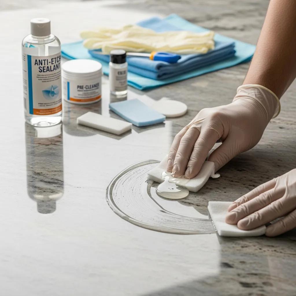 Professional applying sealant to a stone surface during the anti-etch sealing process