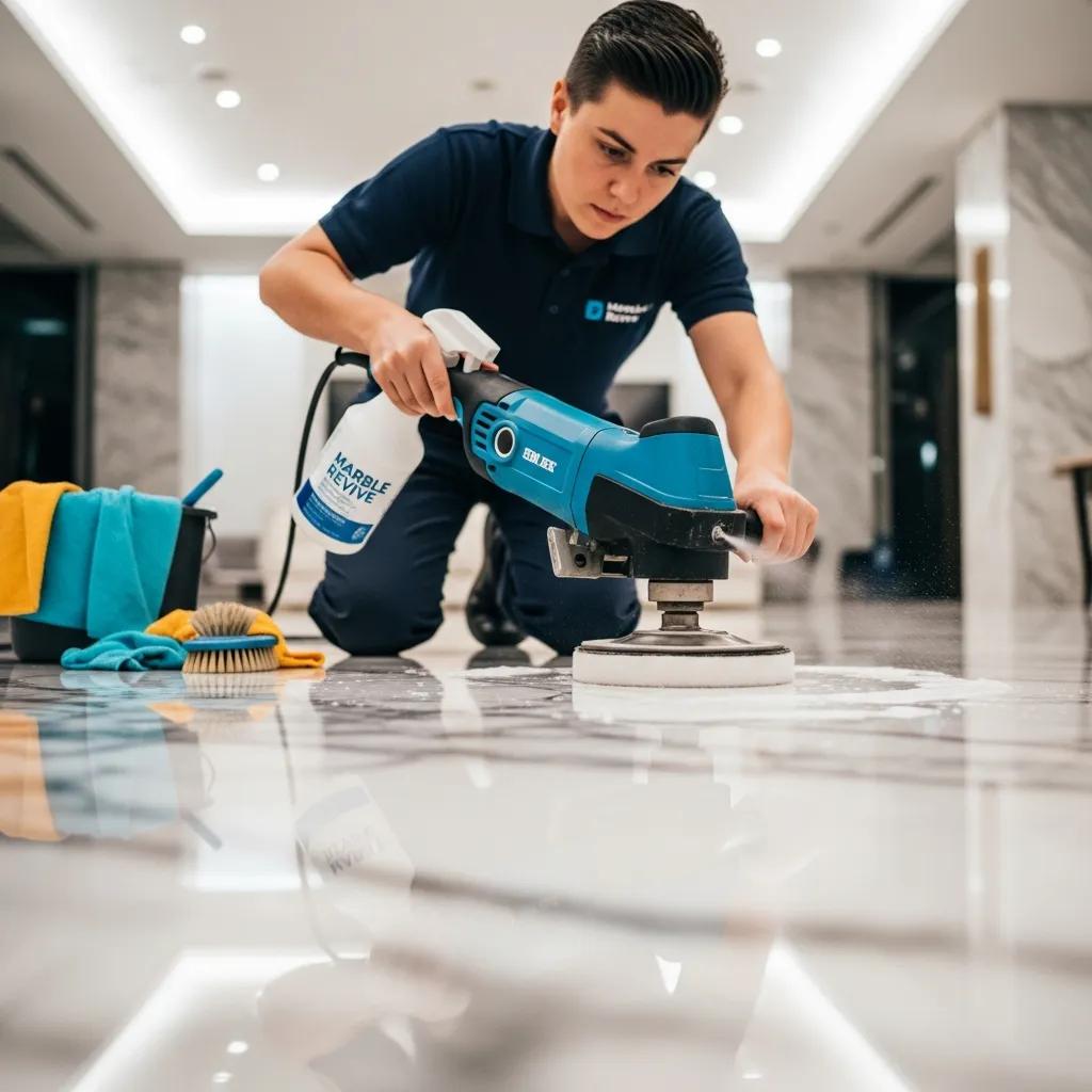 Professional cleaner using specialized tools to enhance the longevity of marble surfaces