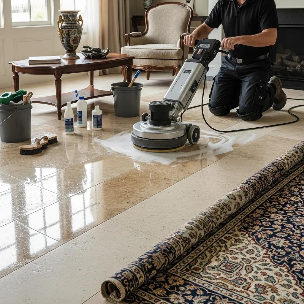 Professional cleaning and sealing of travertine floor in a well-decorated living area