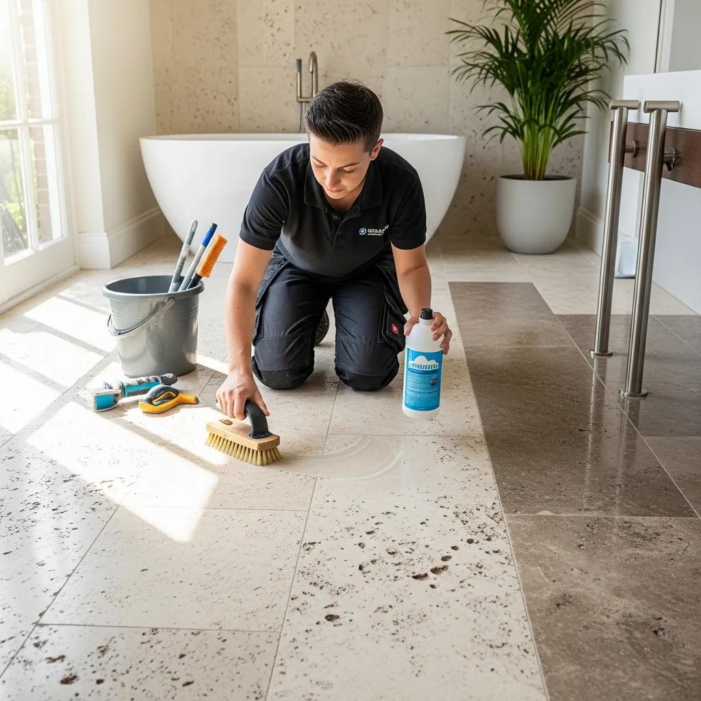 Professional cleaning and sealing of travertine stone in a stylish bathroom setting