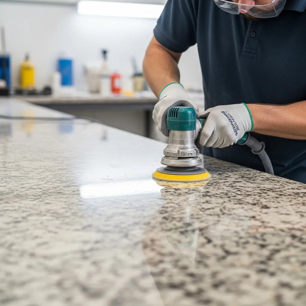 Professional granite polishing service in Brooklyn with a technician polishing a countertop