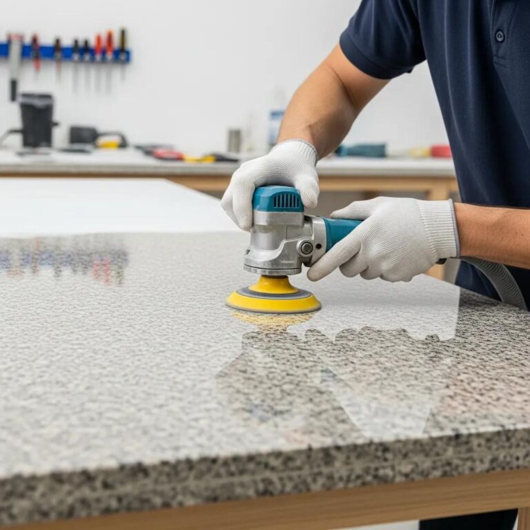Professional granite polishing service showcasing a technician enhancing the shine of a granite countertop