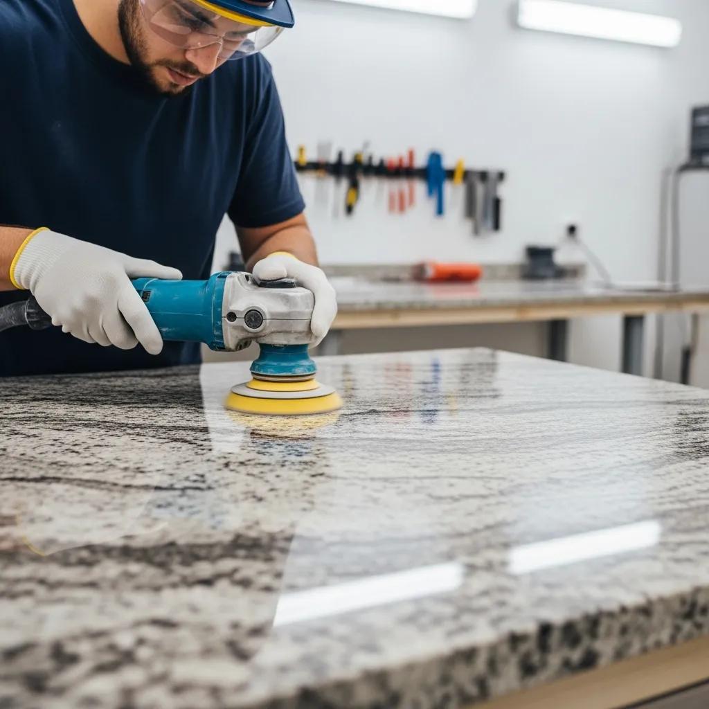 Professional granite polishing service with technician restoring shine to a countertop