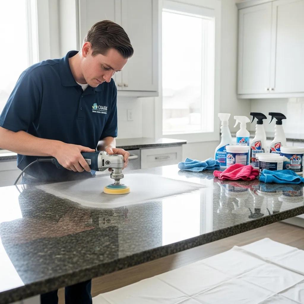 Professional granite restoration service in a modern kitchen, highlighting countertop polishing