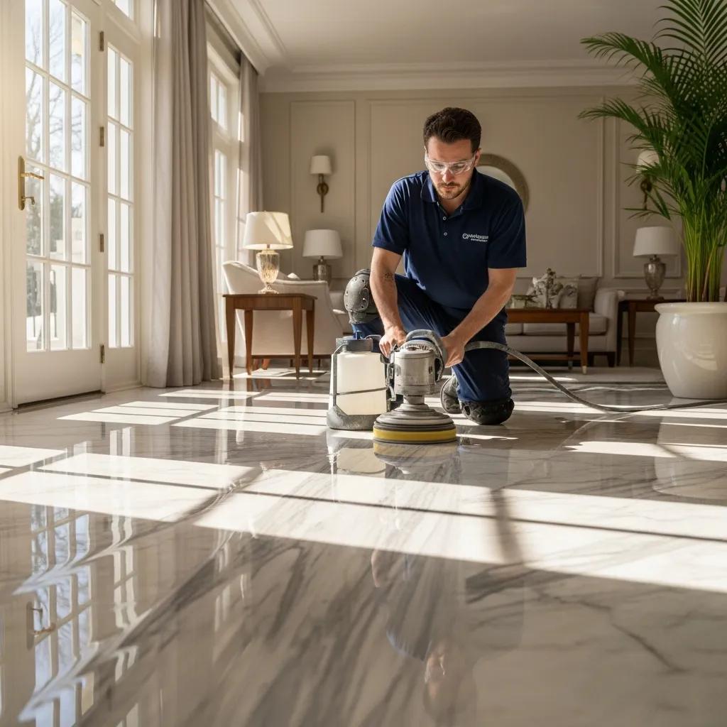 Professional marble polishing service enhancing the shine of a marble floor in a residential space
