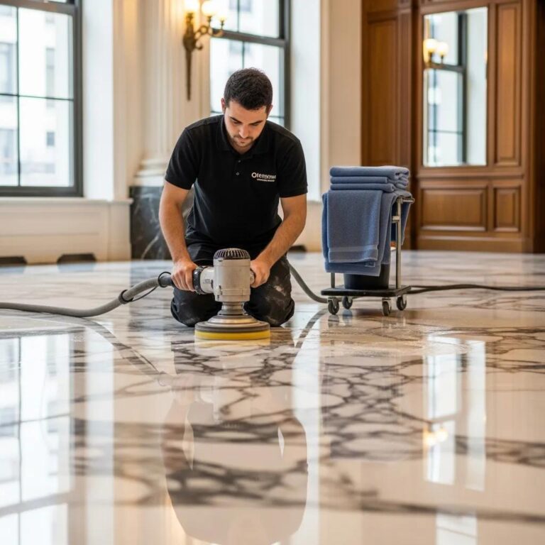 Professional marble polishing service enhancing the shine of a marble surface in Brooklyn