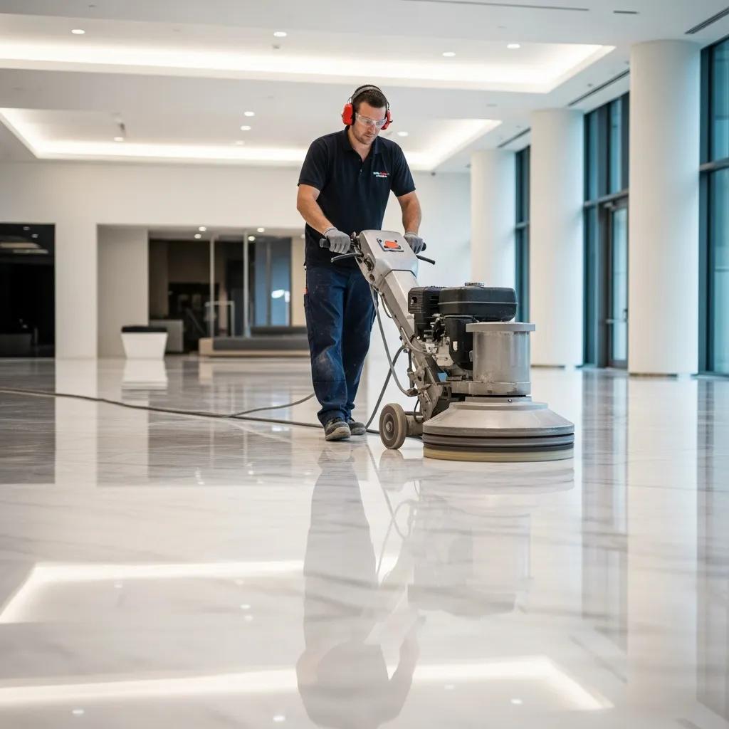 Professional polishing a marble floor with a polishing machine