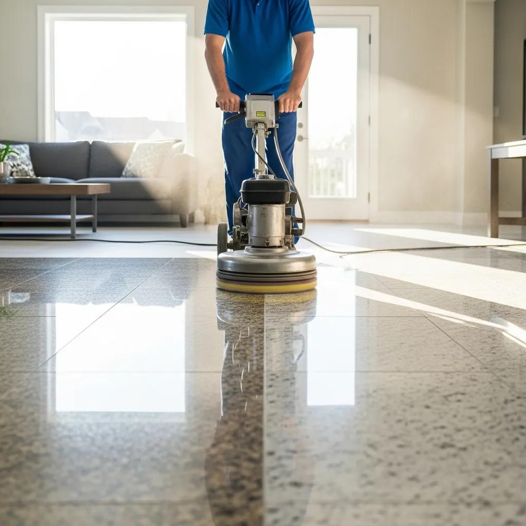 Professional polishing granite floor in a residential living room, demonstrating care techniques