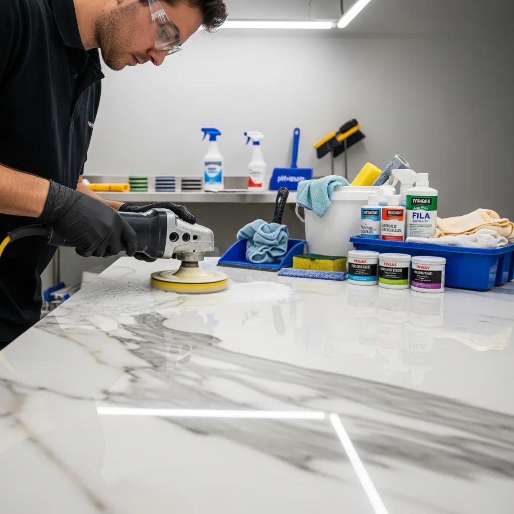 Professional polishing marble surface with premium products in a clean workspace