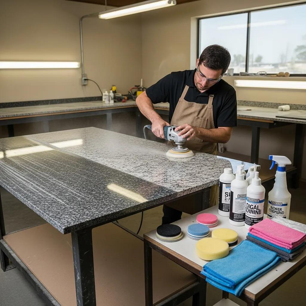 Professional refinishing granite countertop, demonstrating repair techniques and tools
