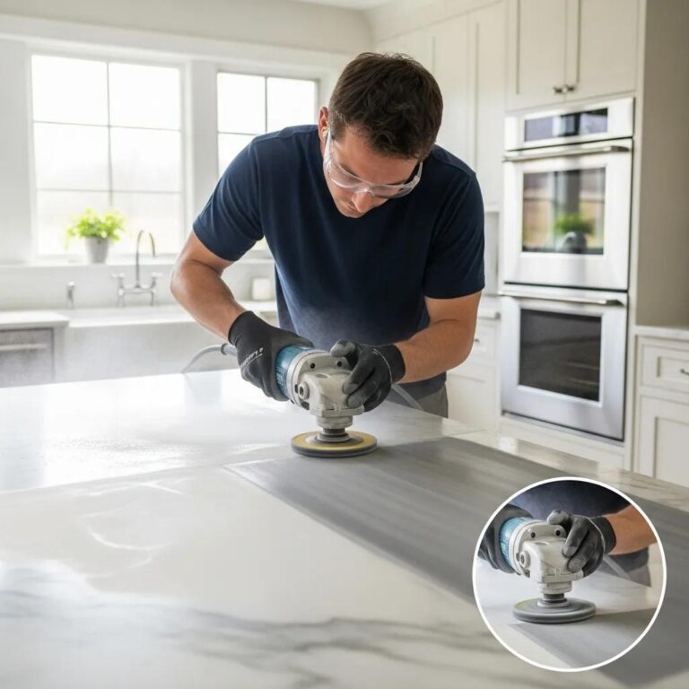 Professional stone honing technician working on a marble surface in a modern kitchen, highlighting the honing process and matte finish