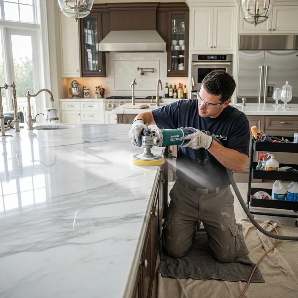 Professional stone polishing service technician working on a marble surface in a residential setting