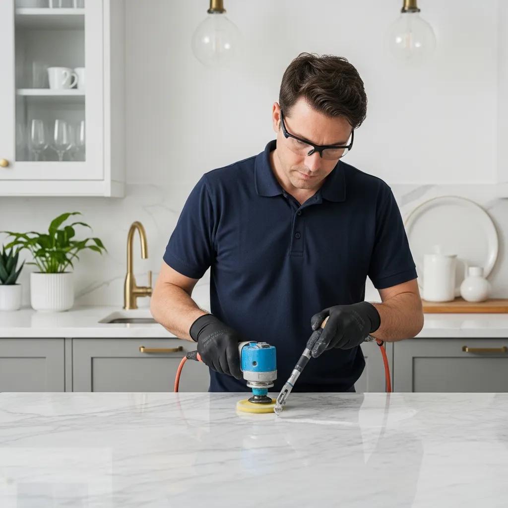 Professional stone restoration expert cleaning and polishing marble surface in a modern kitchen