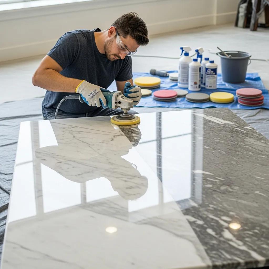 Professional stone restoration expert polishing a marble surface, showcasing the beauty of restored natural stone