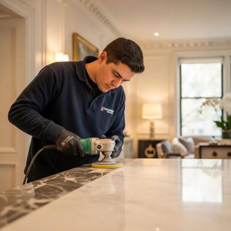 Professional stone restoration expert polishing marble in a luxury Upper East Side apartment