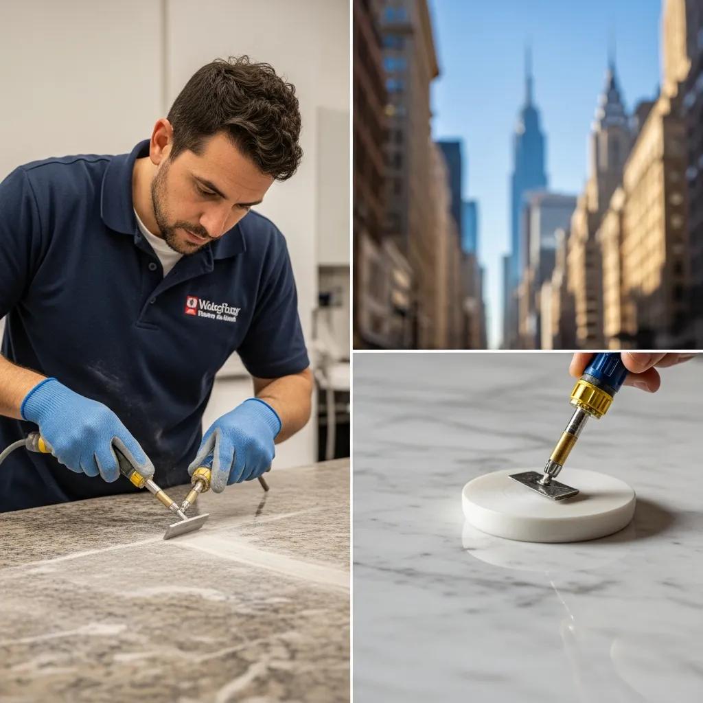 Professional stone restoration expert working on marble in a New York City commercial space