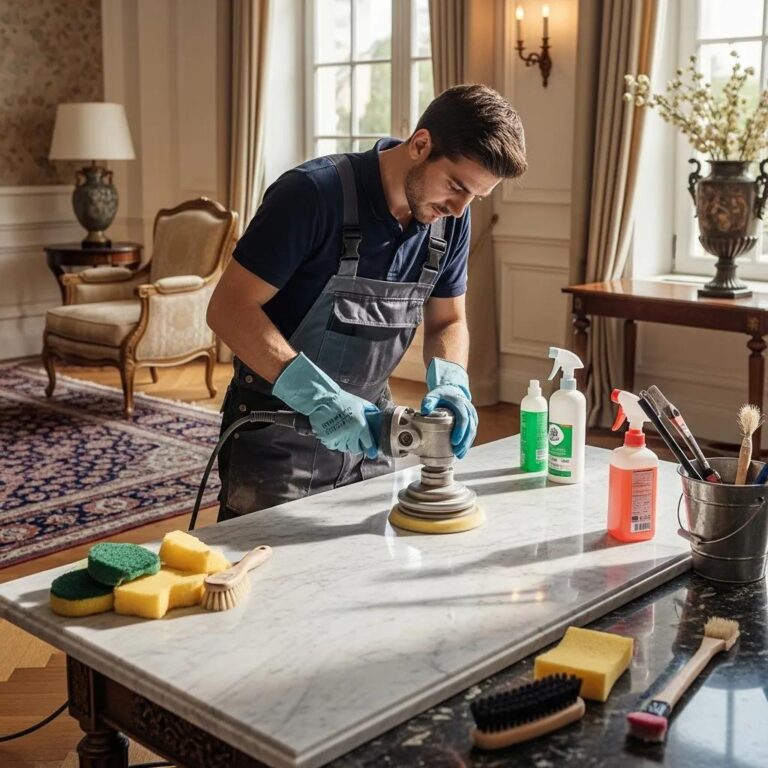 Professional stone restoration service enhancing marble surfaces in a luxury home