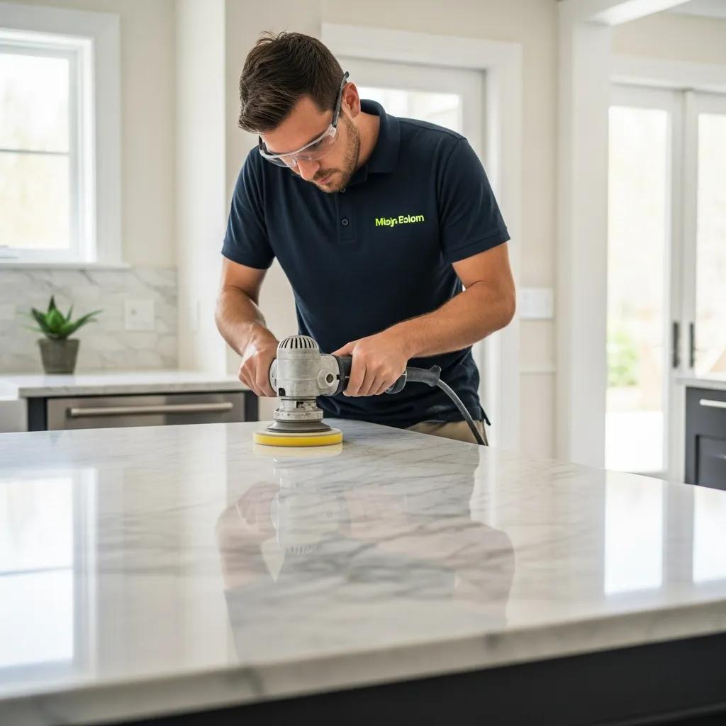 Professional stone restoration technician polishing marble surface in a bright kitchen
