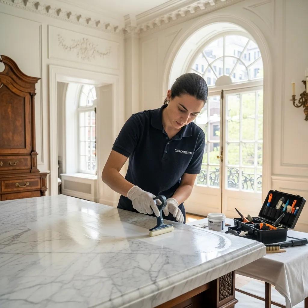 Professional stone sealing service in Upper East Side, showcasing a technician applying sealant to natural stone surfaces