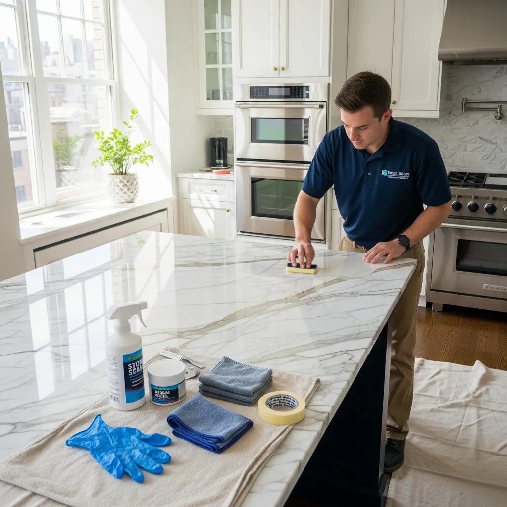 Professional stone sealing service technician applying sealant to marble surface in Manhattan