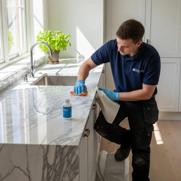 Professional technician applying anti-etch sealant to a marble countertop in a modern kitchen