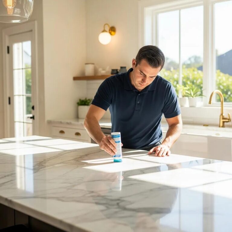 Professional technician applying anti-etch sealant to a marble countertop in a modern kitchen
