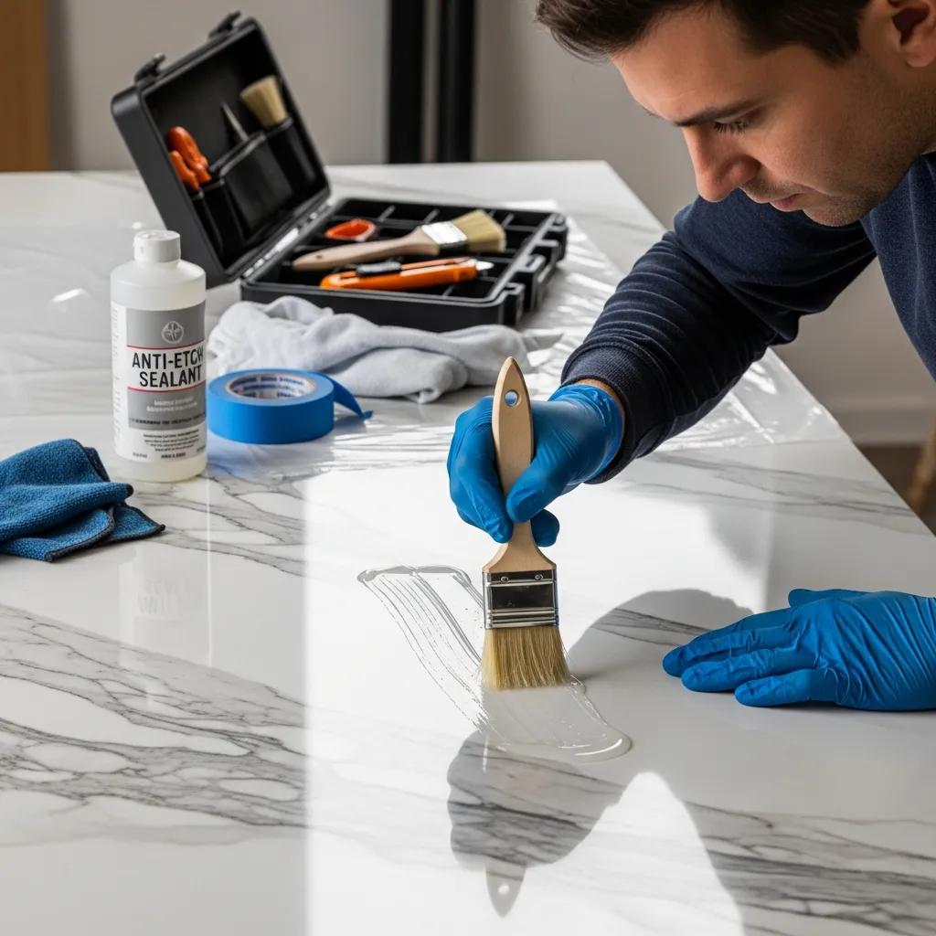 Professional technician applying anti-etch sealant to marble surface during sealing process
