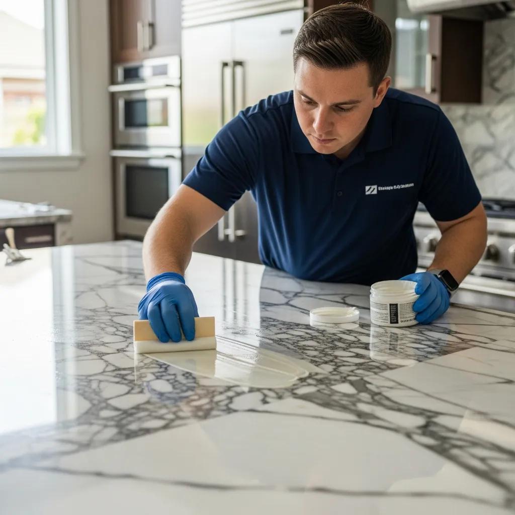 Professional technician applying anti-etch sealant to marble surface in a residential setting