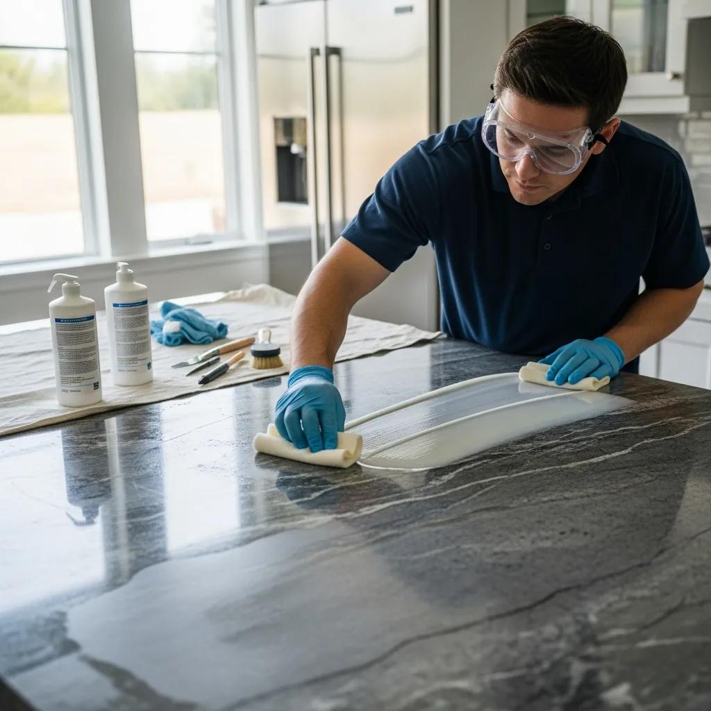 Professional technician applying anti-etch sealant to natural stone surface, illustrating the sealing process