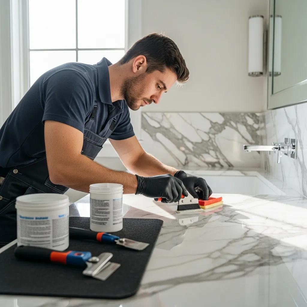 Professional technician applying sealant to a marble surface in a residential setting, emphasizing premium stone sealing services