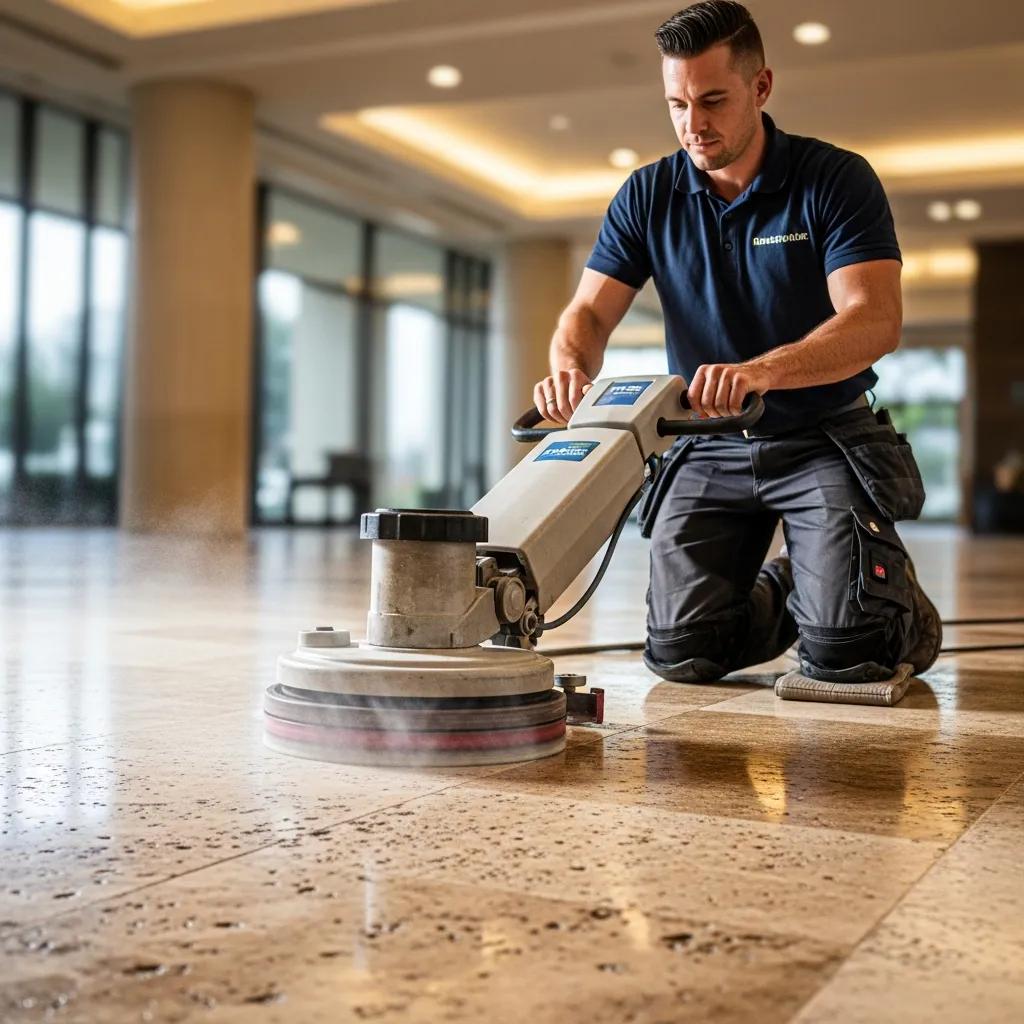 Professional technician cleaning travertine floor with specialized equipment