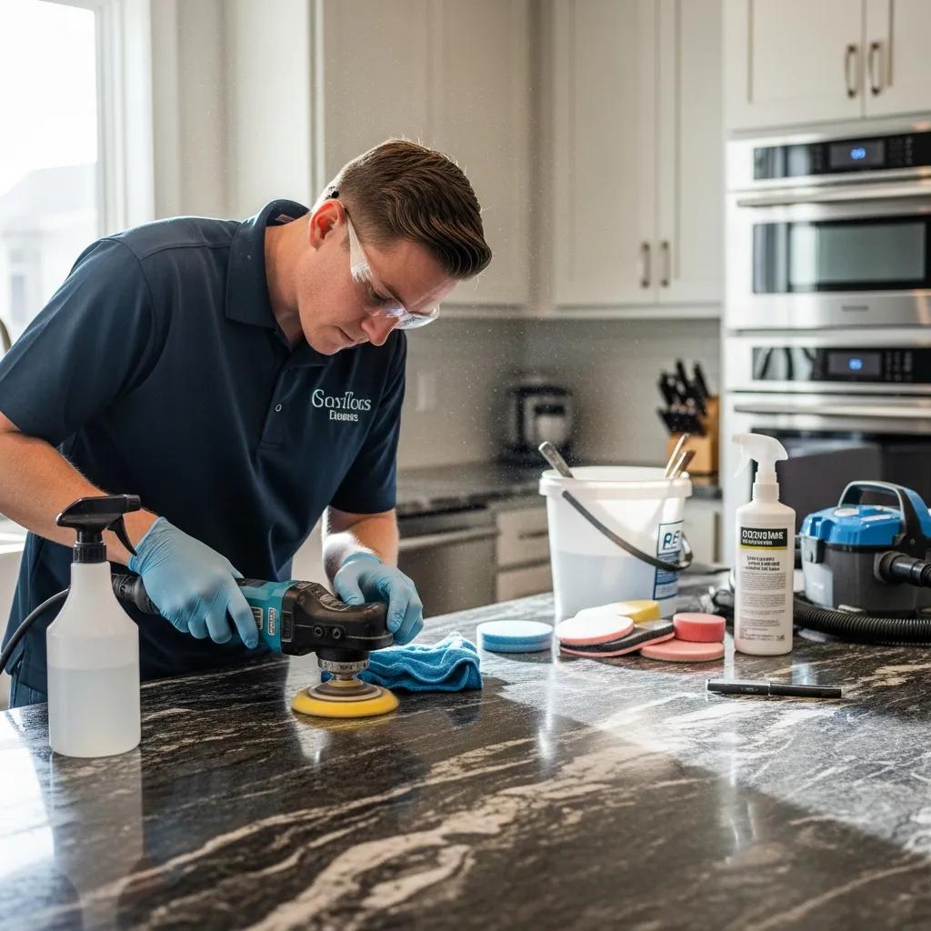 Professional technician performing countertop restoration work with tools and products