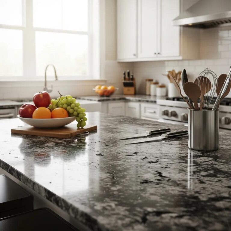Restored granite countertop in a modern kitchen, highlighting its shine and aesthetic appeal