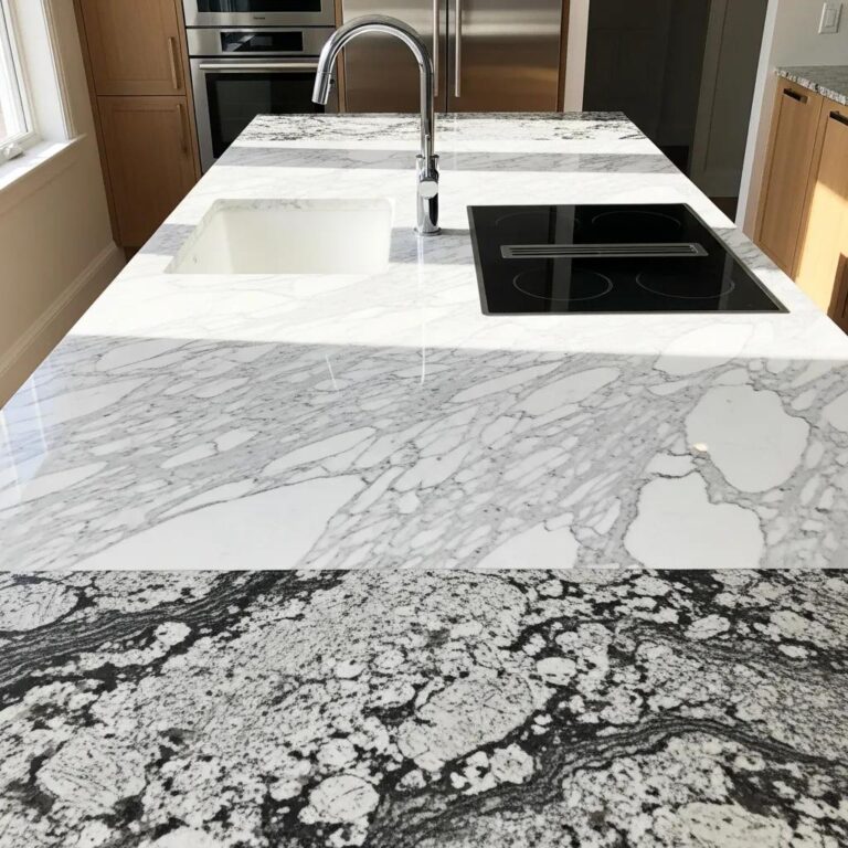Restored marble and granite countertop showcasing elegance and shine in a modern kitchen