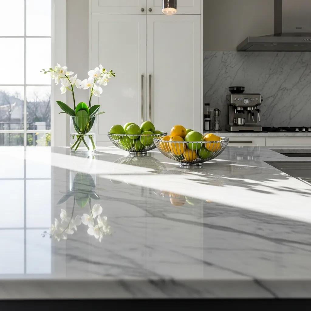 Restored marble countertop in a modern kitchen highlighting professional stone care services
