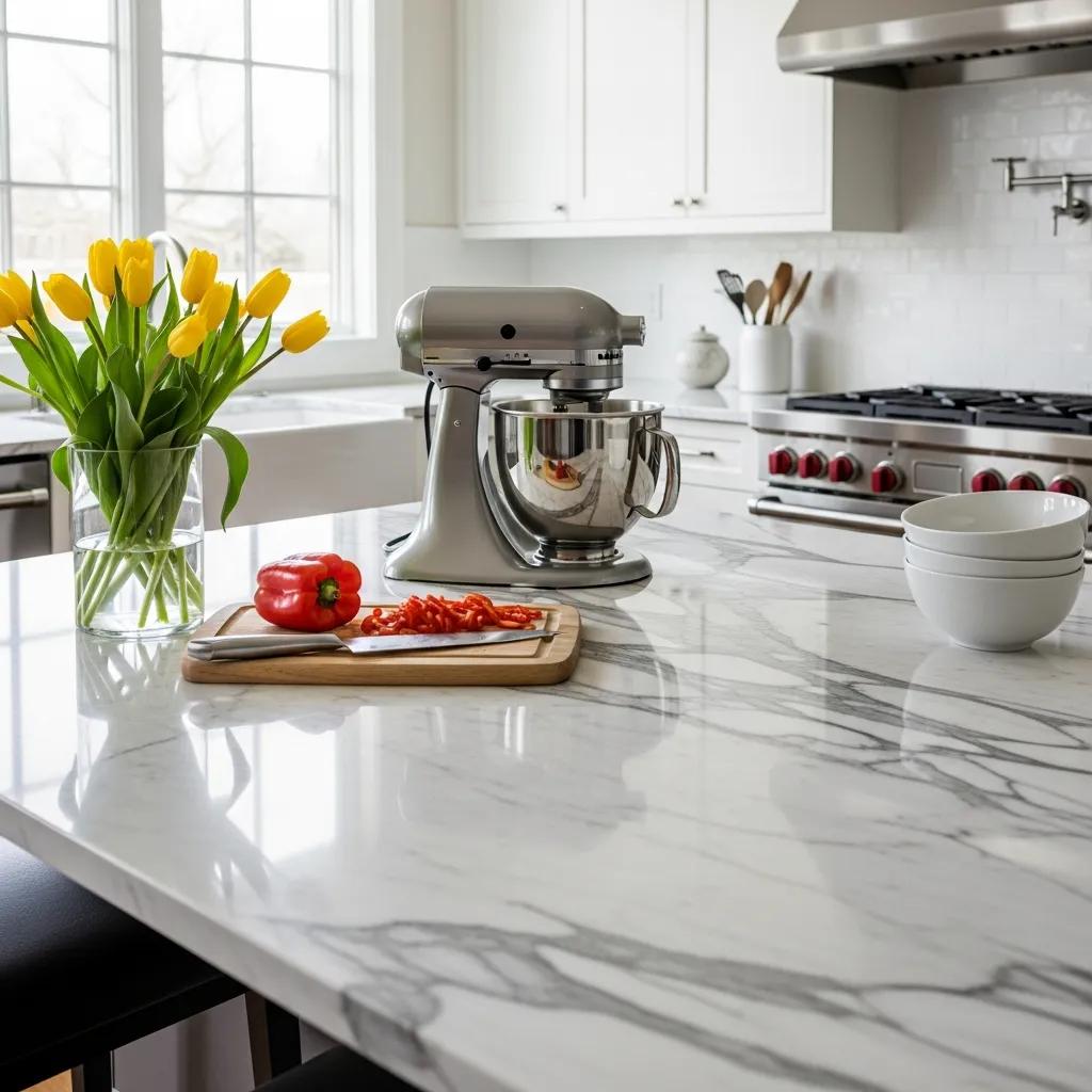 Restored marble countertop in a modern kitchen, highlighting the benefits of professional polishing