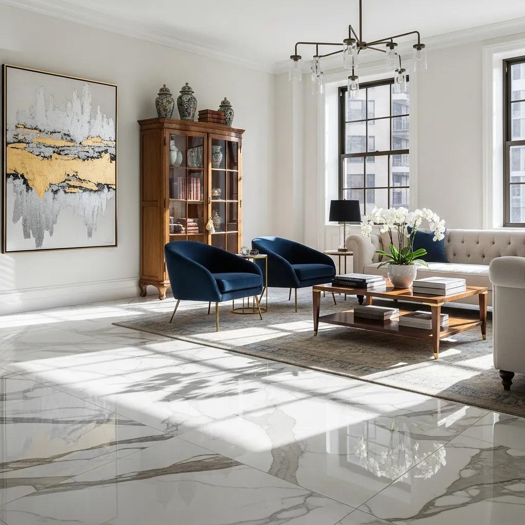 Restored marble floor in a luxury Manhattan apartment showcasing elegance and shine