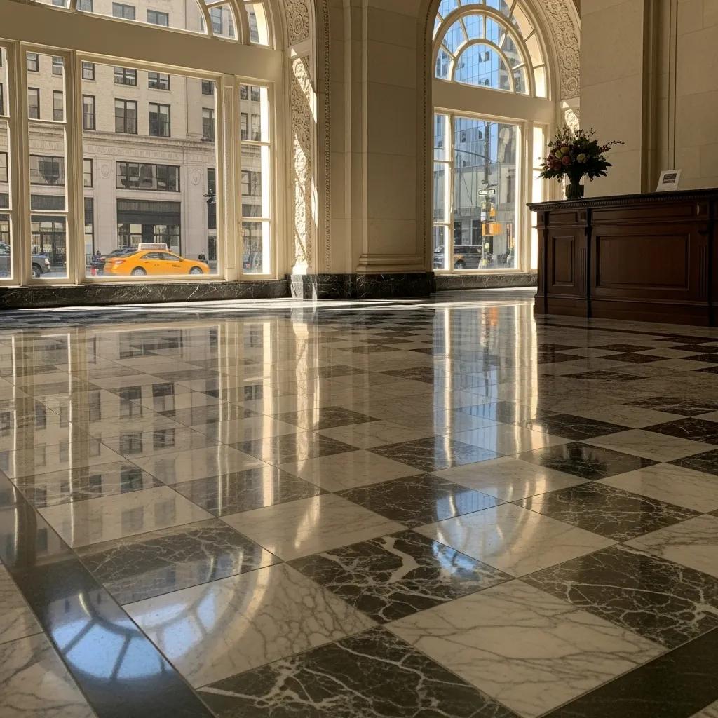 Restored marble floor in Manhattan reflecting light, showcasing stone floor restoration services