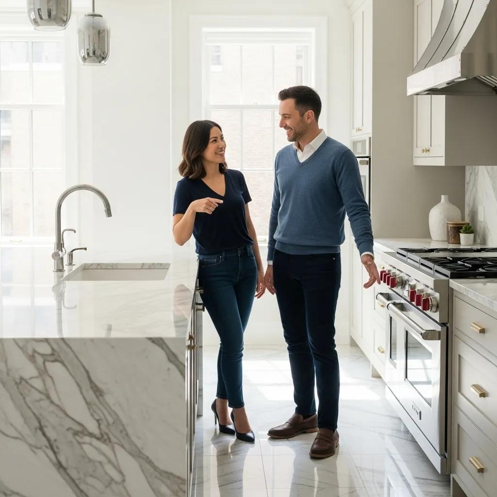 Satisfied clients admiring sealed marble surfaces in Tribeca