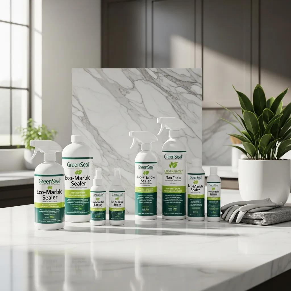 Selection of eco-friendly marble sealers on a countertop, highlighting options for homeowners in Queens