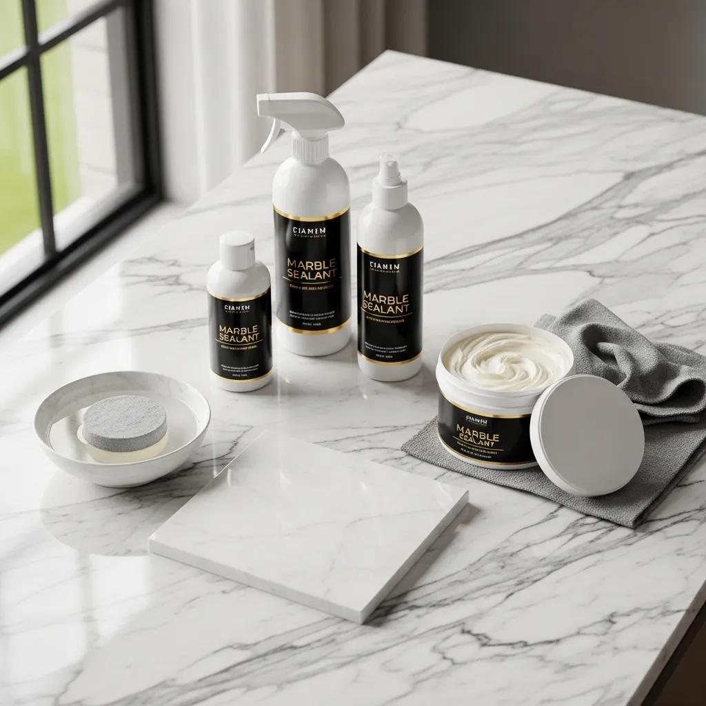 Selection of premium marble care products including polishing compounds and sealants on a marble countertop