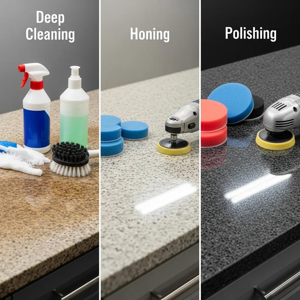 Stages of granite restoration process showing before and after transformation