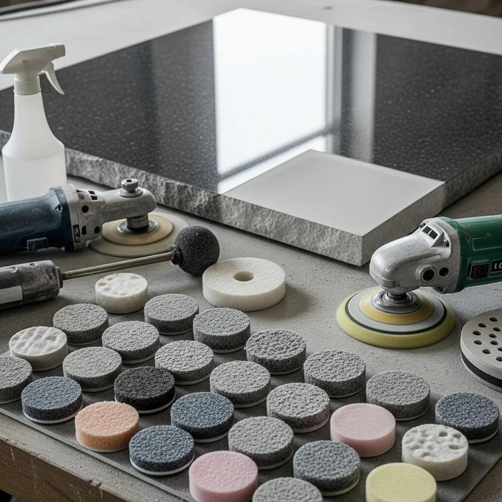 Stages of the professional stone polishing process with tools and polished stone surface