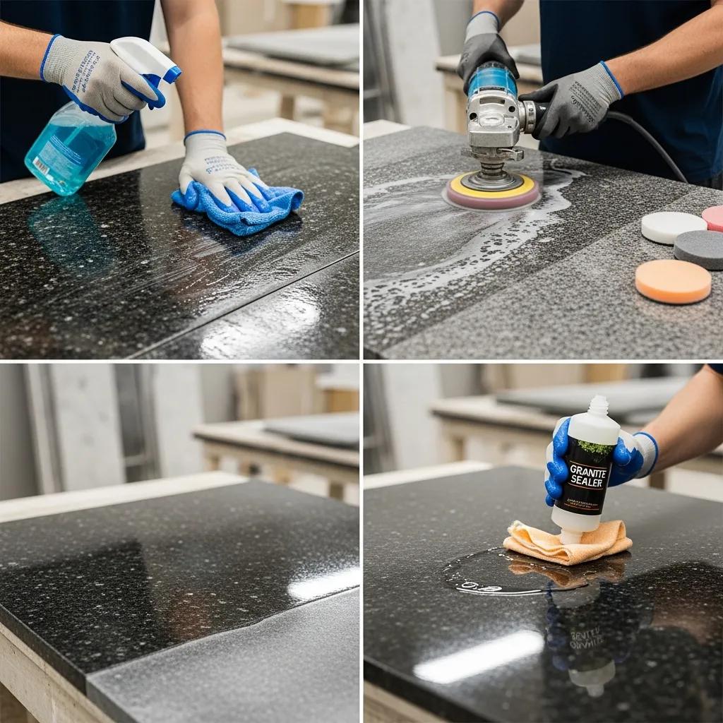 Step-by-step granite polishing process including cleaning, polishing, and sealing